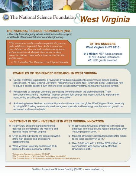 West Virginia THE NATIONAL SCIENCE FOUNDATION (NSF) is the only federal agency whose mission includes support for all fields of fundamental science and.