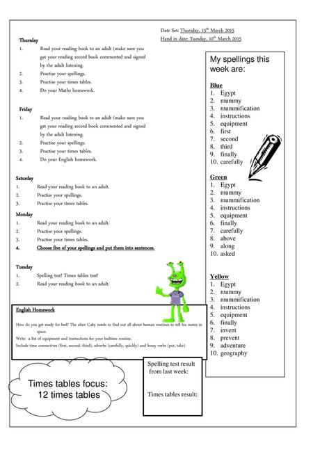 Times tables focus: 12 times tables My spellings this week are: