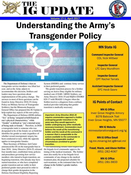 IG UPDATE Understanding the Army’s Transgender Policy THE MN State IG