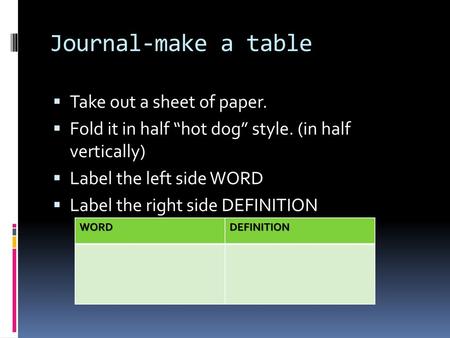 Journal-make a table Take out a sheet of paper.