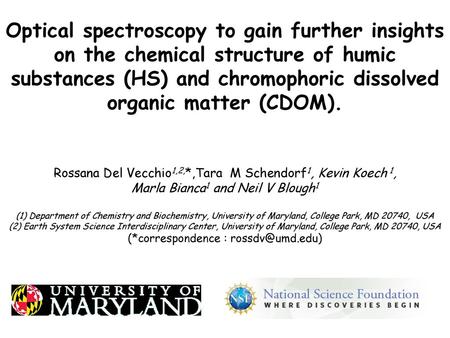 Optical spectroscopy to gain further insights on the chemical structure of humic substances (HS) and chromophoric dissolved organic matter (CDOM). Rossana.