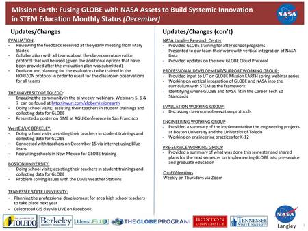 Mission Earth: Fusing GLOBE with NASA Assets to Build Systemic Innovation in STEM Education Monthly Status (December) Updates/Changes	Updates/Changes (con’t)