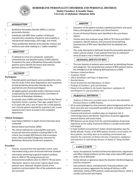 Borderline personality disorder and personal distress Shalini Choudhary & Komilla Thapa University of Allahabad, Allahabad, India Borderline Personality.