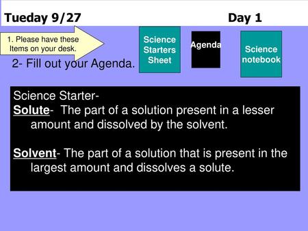 Tueday 9/27 Day 1 2- Fill out your Agenda. Science Starter-