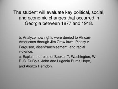 The student will evaluate key political, social, and economic changes that occurred in Georgia between 1877 and 1918. b. Analyze how rights were denied.