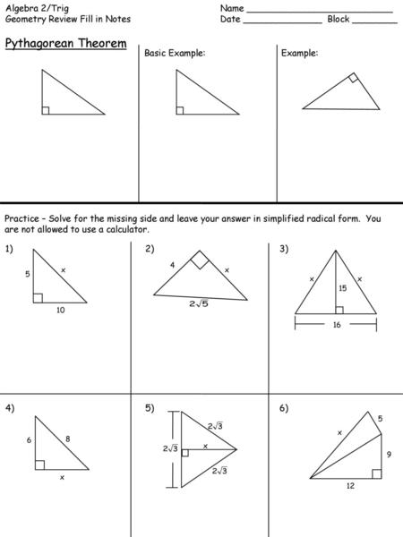 Pythagorean Theorem Algebra 2/Trig Name __________________________