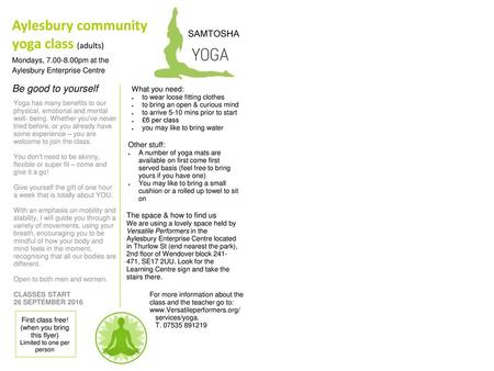 Aylesbury community yoga class (adults) SAMTOSHA Be good to yourself