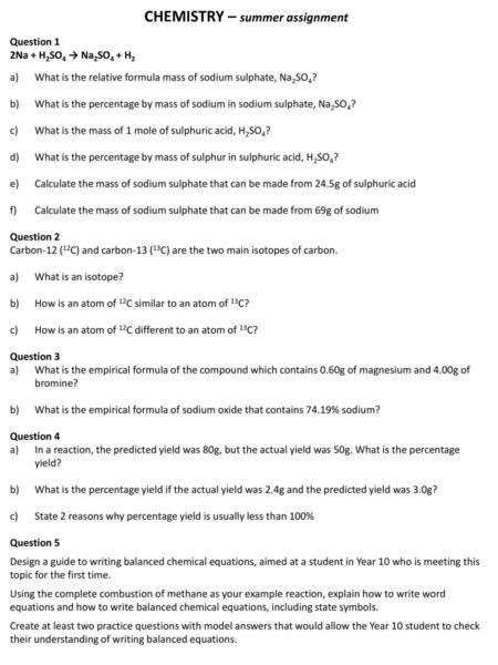 CHEMISTRY – summer assignment