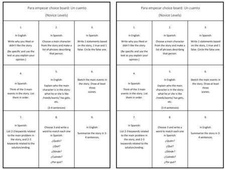 Para empezar choice board: Un cuento (Novice Levels)