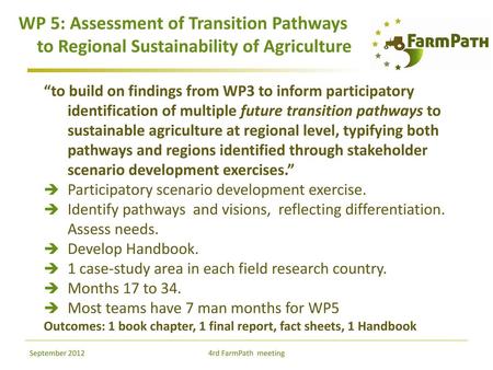 WP 5: Assessment of Transition Pathways to Regional Sustainability of Agriculture “to build on findings from WP3 to inform participatory identification.