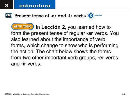 In Lección 2, you learned how to form the present tense of regular -ar verbs. You also learned about the importance of verb forms, which change to show.