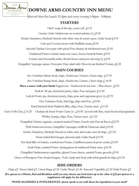 DOWNE ARMS COUNTRY INN MENU