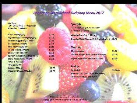 Robertson State School Tuckshop Menu 2017