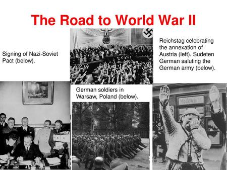 The Road to World War II Reichstag celebrating the annexation of Austria (left). Sudeten German saluting the German army (below). Signing of Nazi-Soviet.