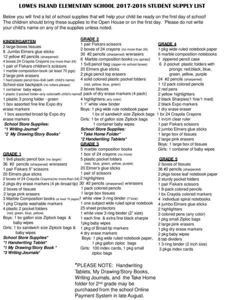 LOWES ISLAND ELEMENTARY SCHOOL STUDENT SUPPLY LIST