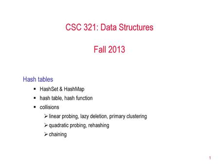 CSC 321: Data Structures Fall 2013 Hash tables HashSet & HashMap