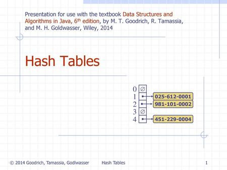 Hash Tables 1/28/2018 Presentation for use with the textbook Data Structures and Algorithms in Java, 6th edition, by M. T. Goodrich, R. Tamassia, and M.