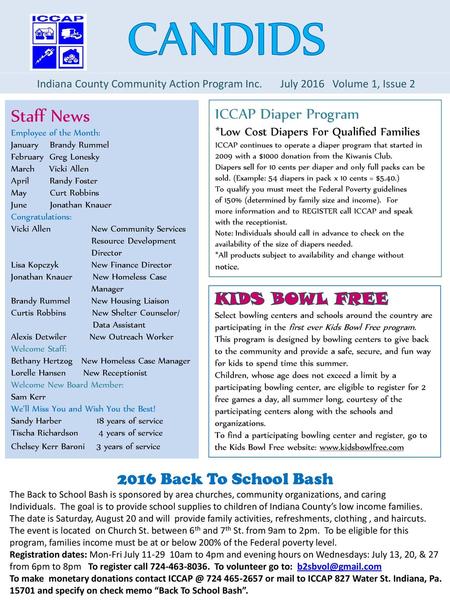 CANDIDS Staff News ICCAP Diaper Program KIDS BOWL FREE