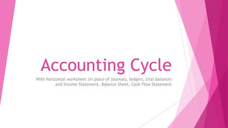 Accounting Cycle With horizontal worksheet (in place of journals, ledgers, trial balance) and Income Statement, Balance Sheet, Cash Flow Statement.