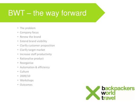 BWT – the way forward The problem Company focus Renew the brand