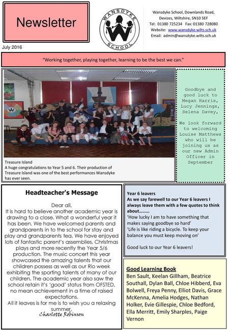 Newsletter Headteacher's Message Good Learning Book