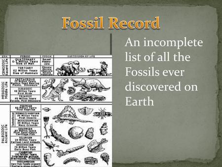 Fossil Record An incomplete list of all the Fossils ever discovered on Earth.