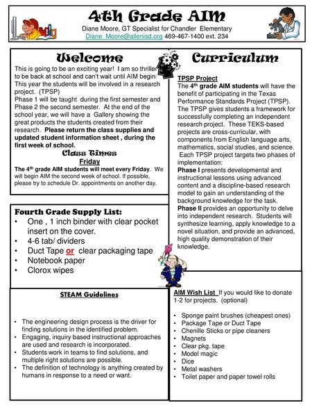 4th Grade AIM Welcome Curriculum Fourth Grade Supply List: