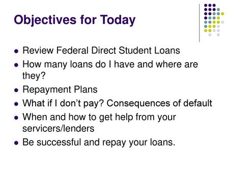 Objectives for Today Review Federal Direct Student Loans