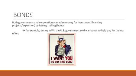 BONDS Both governments and corporations can raise money for investment(financing projects/expansion) by issuing (selling) bonds → for example, during WWII.