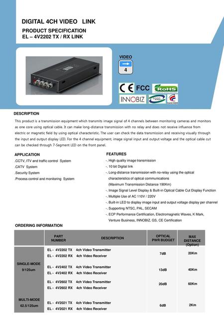 FCC DIGITAL 4CH VIDEO LINK PRODUCT SPECIFICATION