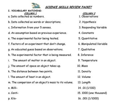 SCIENCE SKILLS REVIEW PACKET