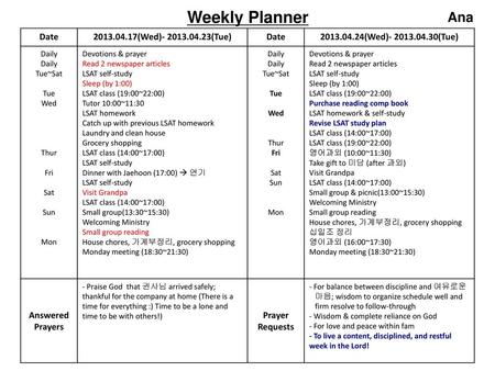 Weekly Planner Ana Date (Wed) (Tue)