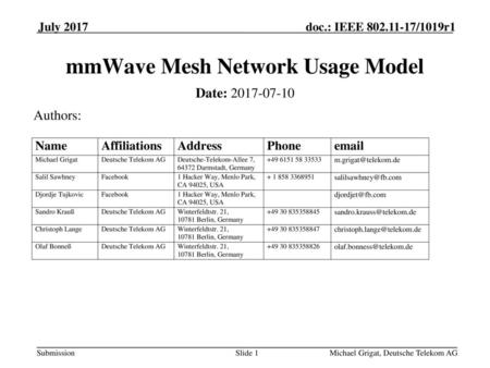 mmWave Mesh Network Usage Model