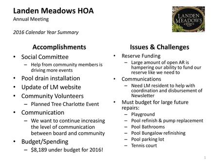 Landen Meadows HOA Annual Meeting 2016 Calendar Year Summary