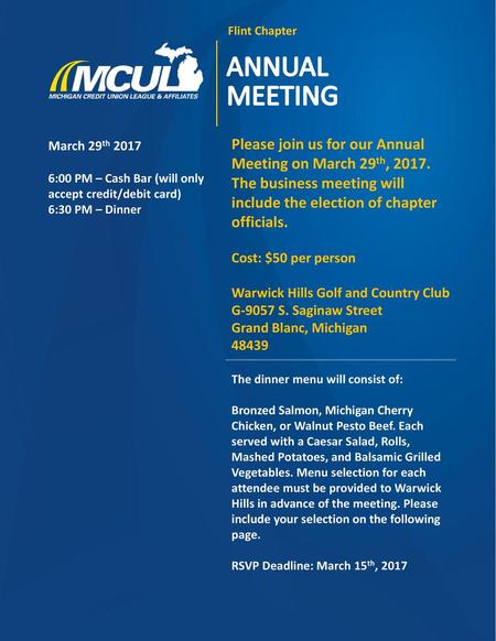 Flint Chapter ANNUAL MEETING March 29th 2017