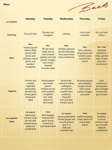 Menu w/c 04/09/2017 Monday Tuesday Wednesday Thursday Friday
