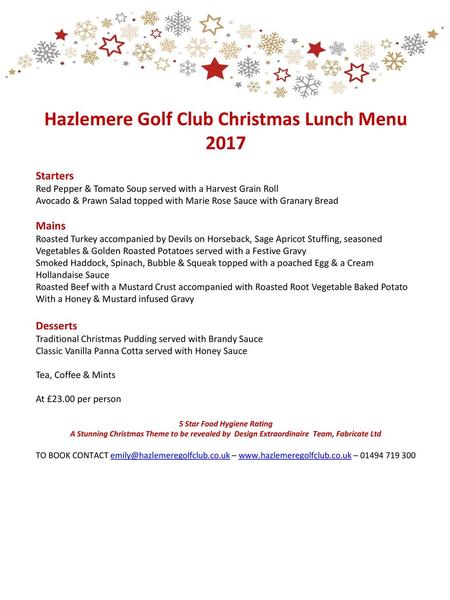 Hazlemere Golf Club Christmas Lunch Menu 2017