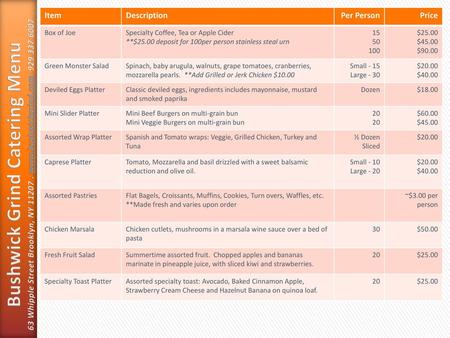 Bushwick Grind Catering Menu