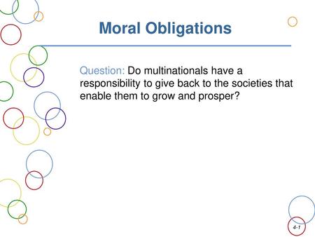 Moral Obligations Question: Do multinationals have a responsibility to give back to the societies that enable them to grow and prosper?