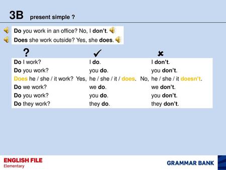 3B present simple ? ?   Do you work in an office? No, I don’t.