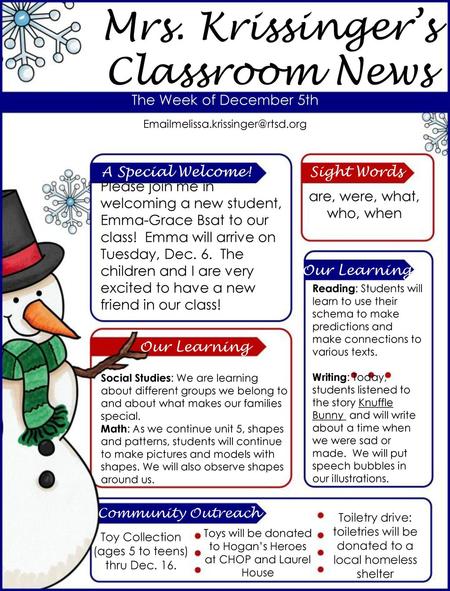 Mrs. Krissinger’s Classroom News The Week of December 5th