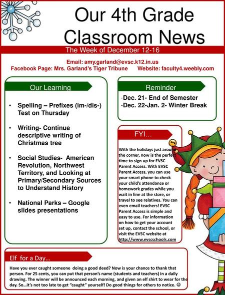 Our 4th Grade Classroom News The Week of December 12-16 