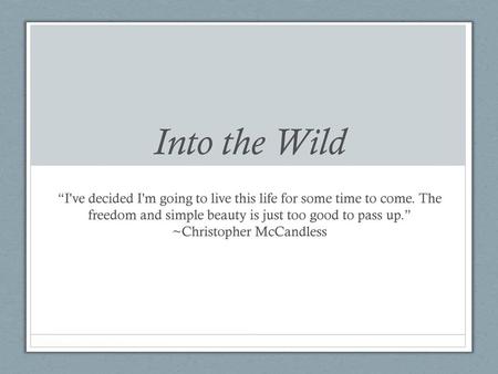 Into the Wild “I've decided I'm going to live this life for some time to come. The freedom and simple beauty is just too good to pass up.” ~Christopher.