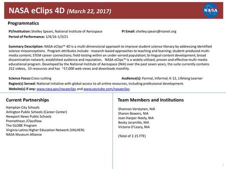 NASA eClips 4D (March 22, 2017) Programmatics