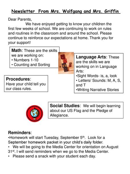 Newsletter From Mrs. Wolfgang and Mrs. Griffin