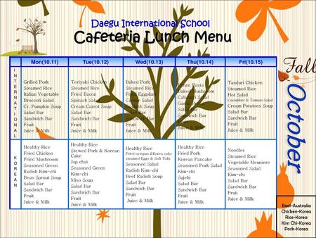 Daegu International School Cafeteria Lunch Menu