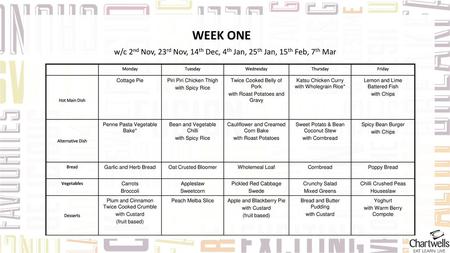 WEEK ONE w/c 2nd Nov, 23rd Nov, 14th Dec, 4th Jan, 25th Jan, 15th Feb, 7th Mar Monday Tuesday Wednesday Thursday Friday Hot Main Dish Cottage Pie Piri.