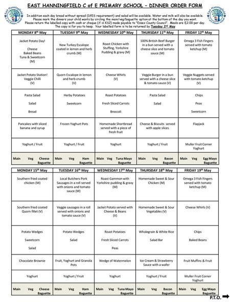 EAST HANNINGFIELD C of E PRIMARY SCHOOL – DINNER ORDER FORM