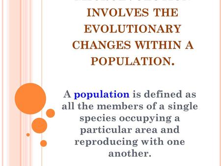 Microevolution involves the evolutionary changes within a population.