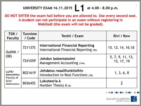 UNIVERSITY EXAM L1 at 4.00 – 8.00 p.m.